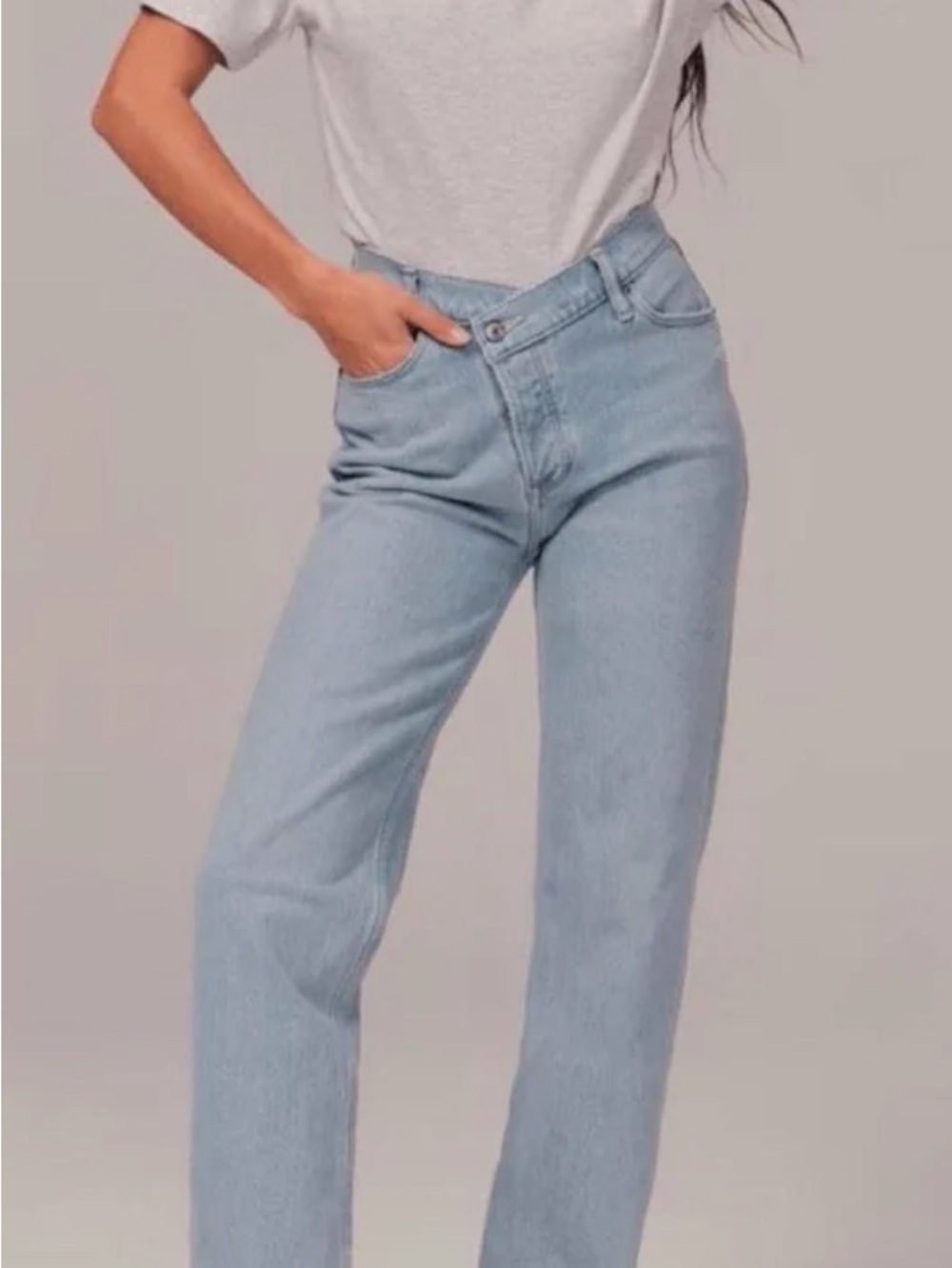 A&F The "Dad High Rise" Straight Leg Criss Cross Waistband Light Wash Blue - 6S